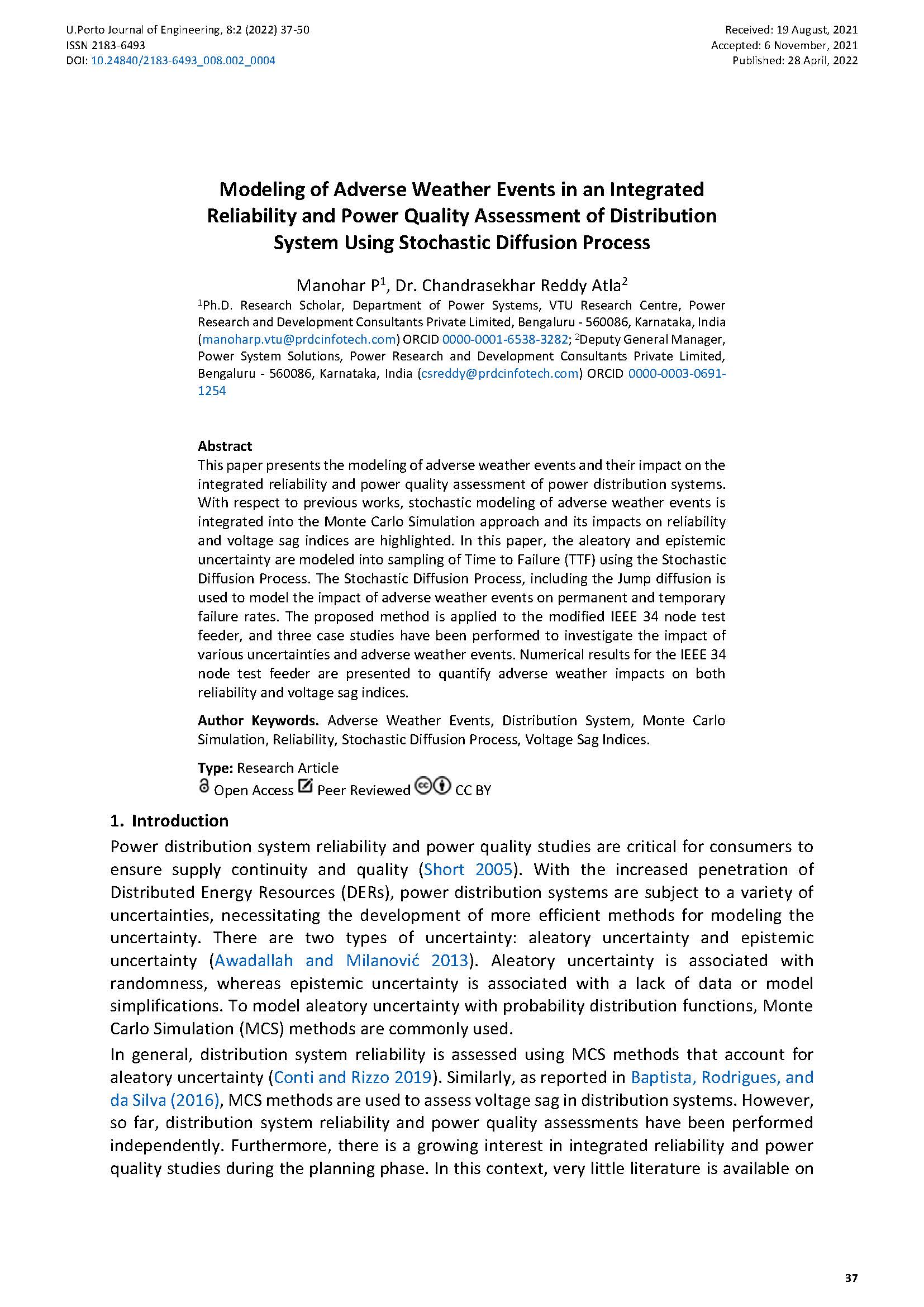 Modeling of Adverse Weather Events in an Integrated Reliability and Power Quality Assessment of Distribution System Using Stochastic Diffusion Process
