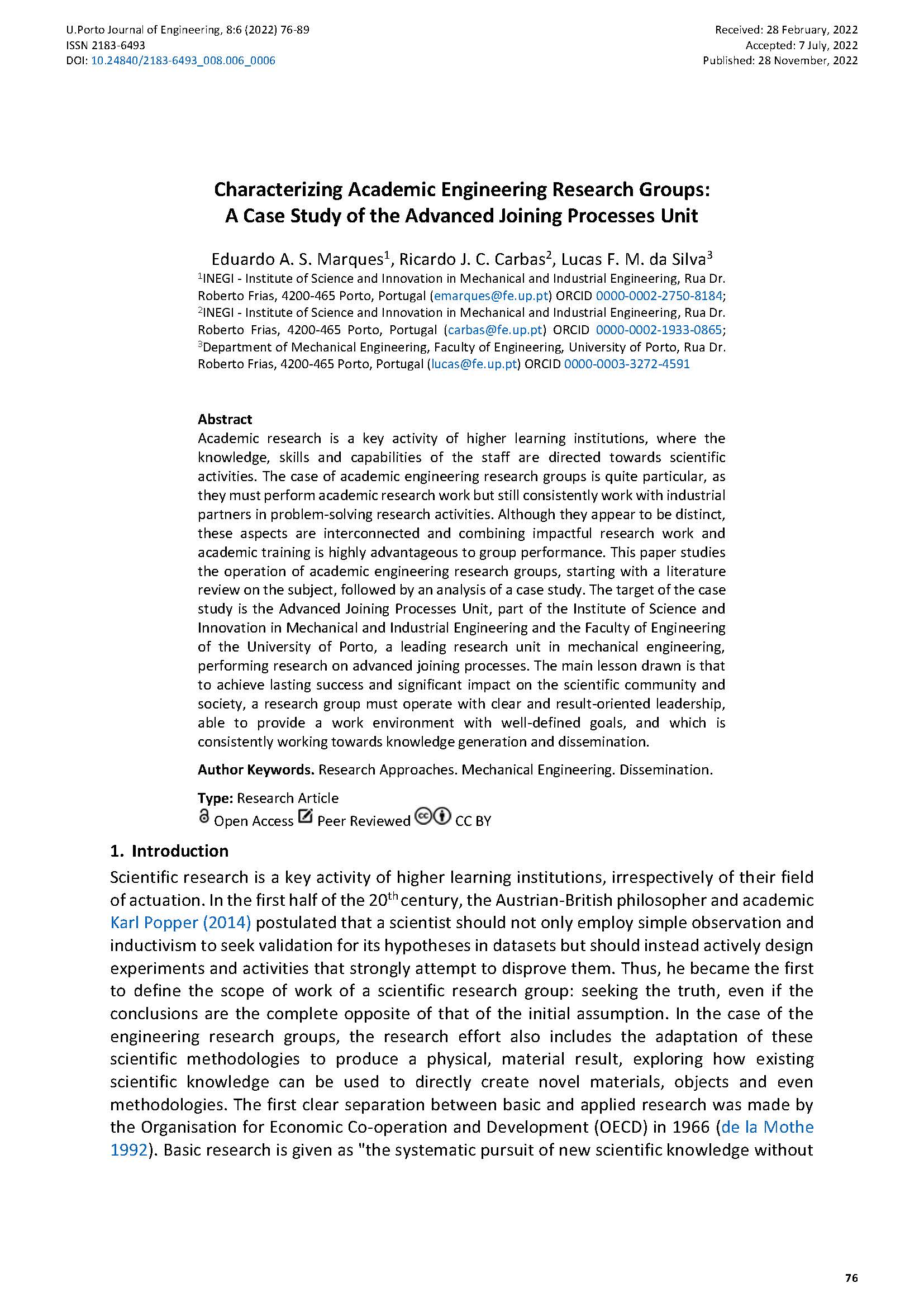Characterizing Academic Engineering Research Groups: A Case Study of the Advanced Joining Processes Unit